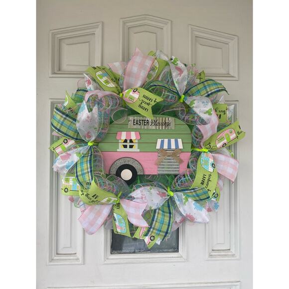 Easter Blessings Camper Sweet Camper RV There Yet Deco Spring Mesh Ribbon Wreath - Picture 1 of 7